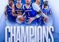 Yaxel Lendeborg celebra junto a sus compañeros de Golden State Warriors la conquista del campeonato de la NBA Summer League 2026, luego de una actuación de 21 puntos y 10 rebotes que le permitió ser elegido MVP del partido por el campeonato.
